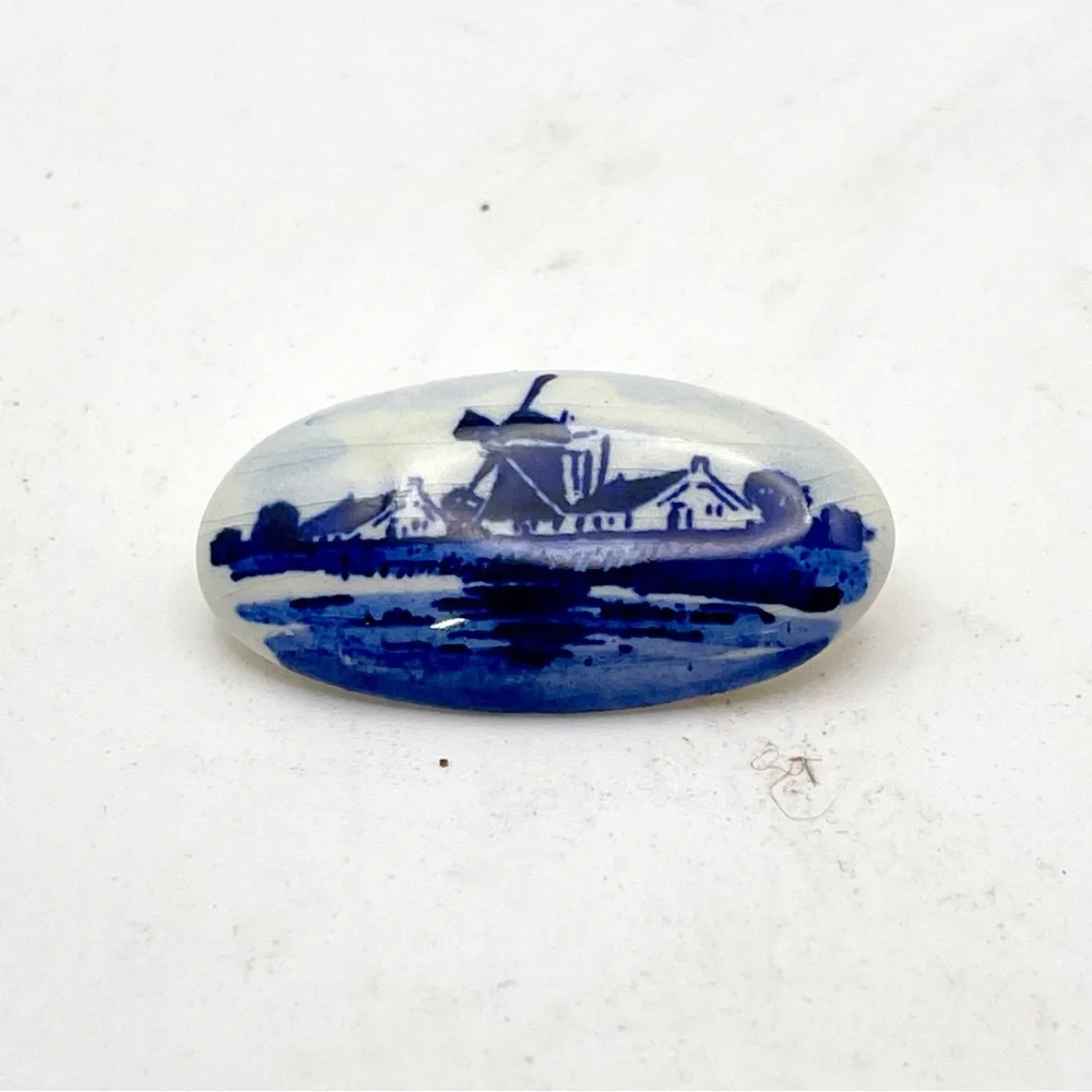 Collectible Vintage Delft Windmill Scene Porcelain Brooch Handcrafted Estate Pc